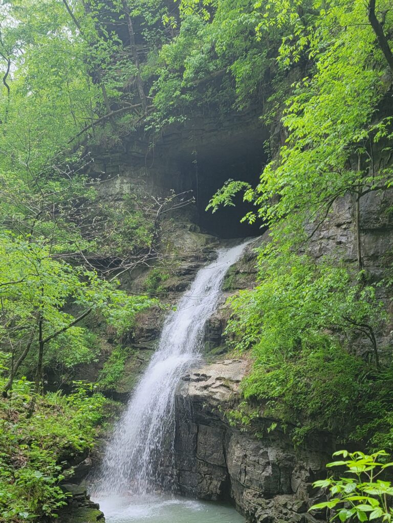 Waterfall flowing from a cave along the Eye of the Needle trail near Kyle's Landing, Buffalo National River.