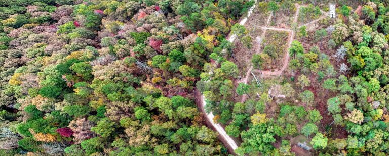 Drone shot panoramic view of the Ozone Recreation Area campground in the Ozark National Forest during fall, showcasing multicolored trees, campsites, and pavilion.